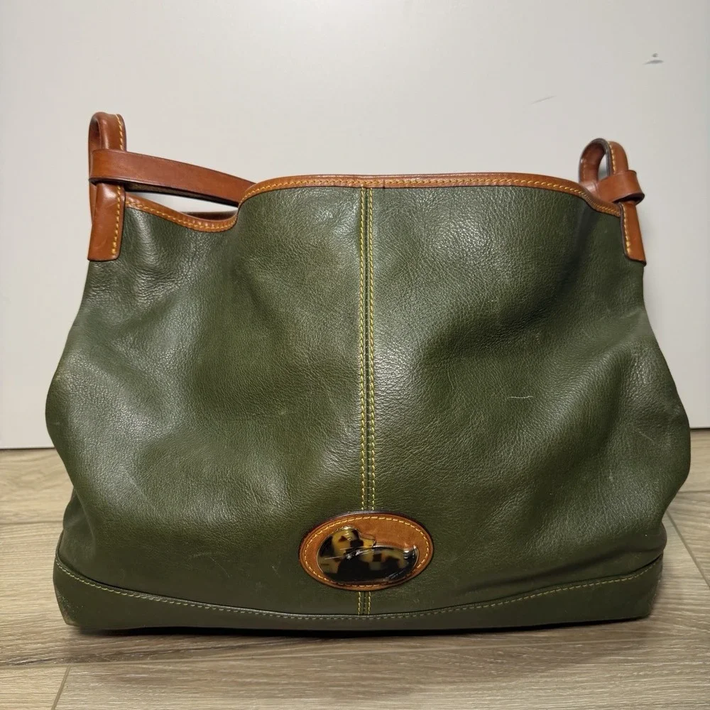 Dooney & Bourke VTG Olive Green Leather Hobo Purse, Duck Tortoise Logo Bag